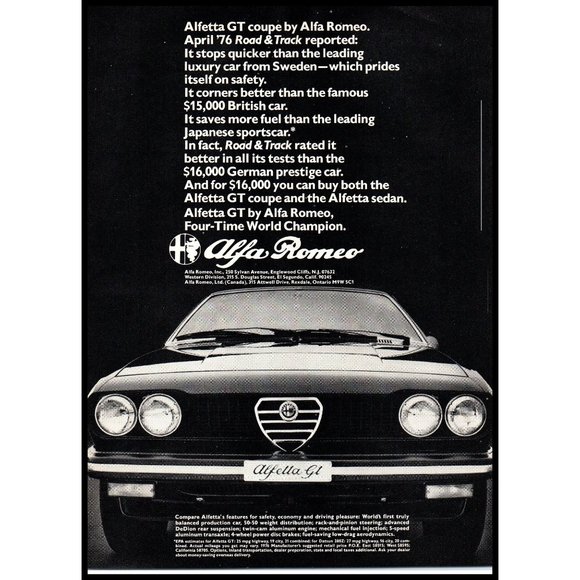 1976 Alfa Romeo Alfetta GT Coupe Vintage Print Ad Italian Sports Car Wall Art - Picture 1 of 1